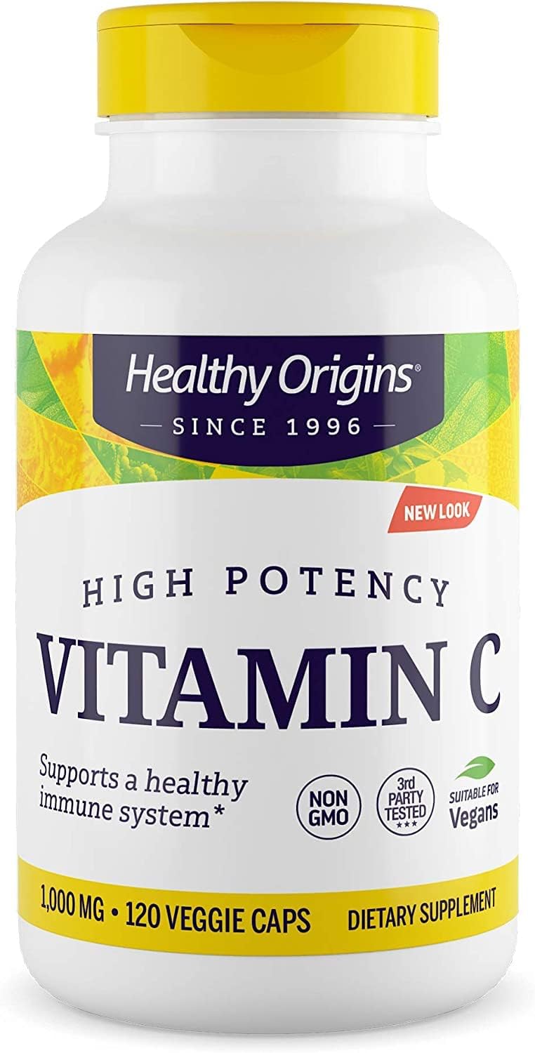 Healthy Origins Vitamina C (sin OMG), 1,000 mg – Vitamina C vegana – Ácido ascórbico para apoyo inmunológico – Apoya la función celular – Suplemento