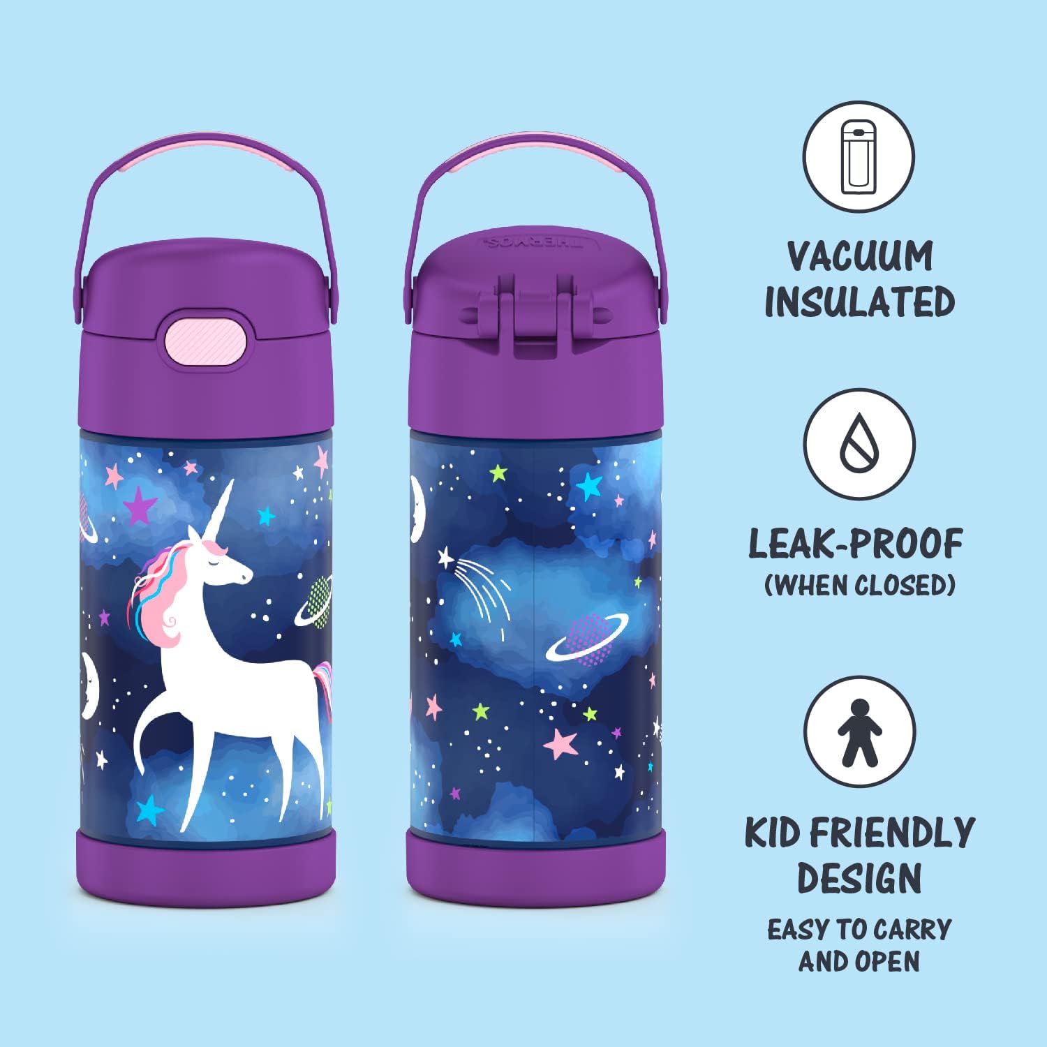 THERMOS FUNTAINER – Botella de agua de acero inoxidable con aislamiento al vacío para niños, 12 onzas, Spider-Man y Space Unicorn