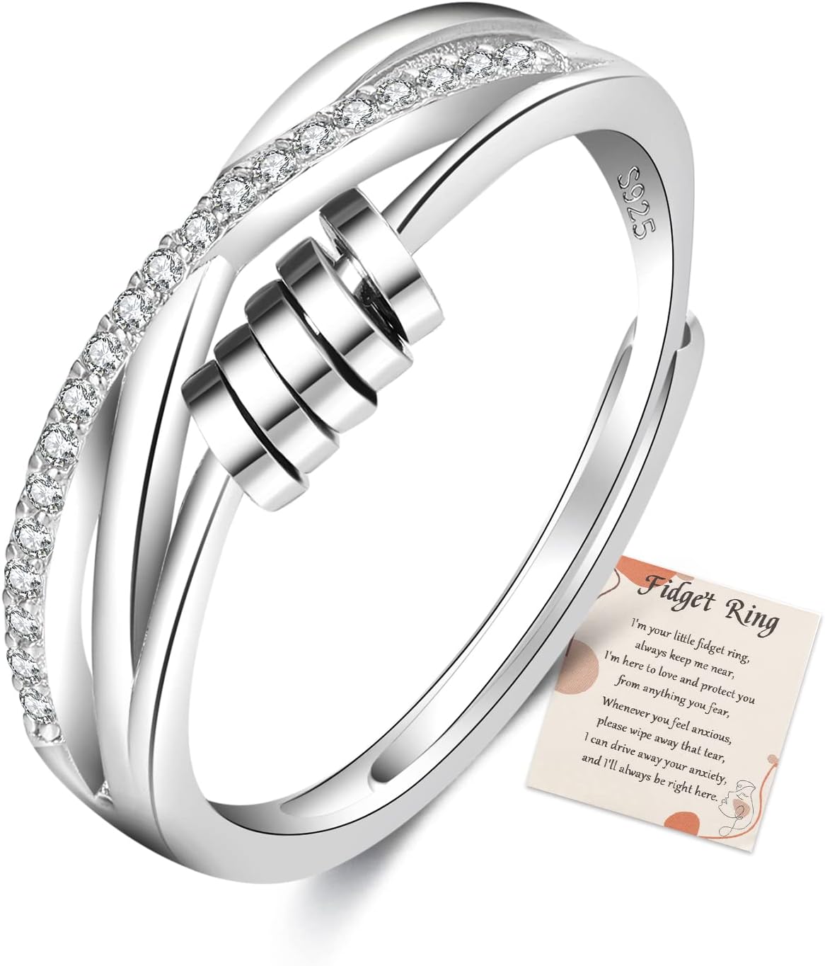 PABBEU Anillo de ansiedad para mujer, plata de ley 925, con circonita cúbica, ajustable, para aliviar el estrés, anillo de ansiedad para niñas y