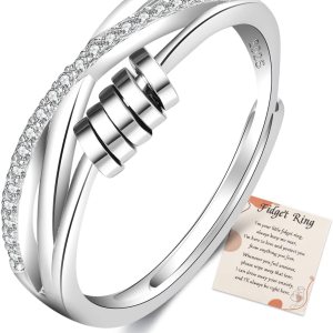 PABBEU Anillo de ansiedad para mujer, plata de ley 925, con circonita cúbica, ajustable, para aliviar el estrés, anillo de ansiedad para niñas y PABBEU Anillo de ansiedad para mujer, plata de ley 925, con circonita cúbica, ajustable, para aliviar el estrés, anillo de ansiedad para niñas y