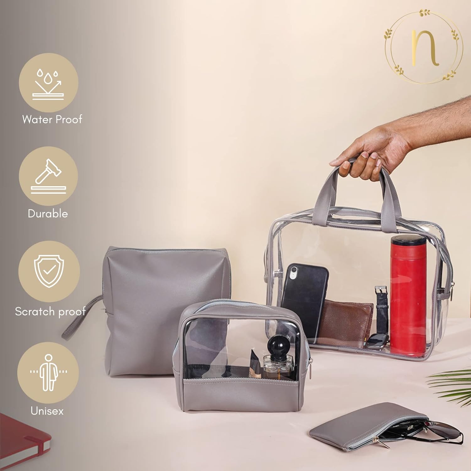 Nestasia Juego de 4 bolsas de viaje multiusos de cuero vegano para almacenamiento  Bolsas de cosméticos con cremallera, organizadores de maquillaje