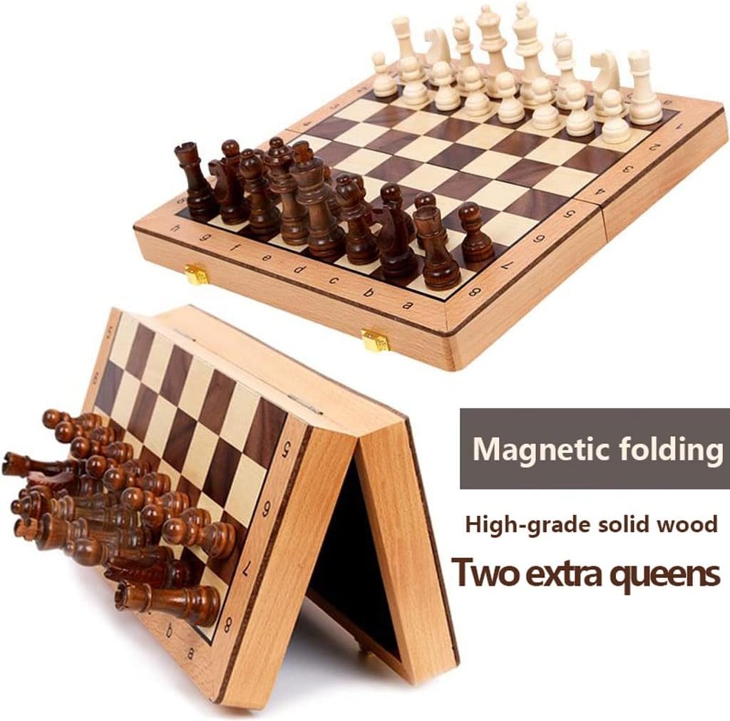 ROLTIN Juego de ajedrez plegable de madera magnético con 2 reinas adicionales, tablero de juego hecho a mano interior para almacenamiento para
