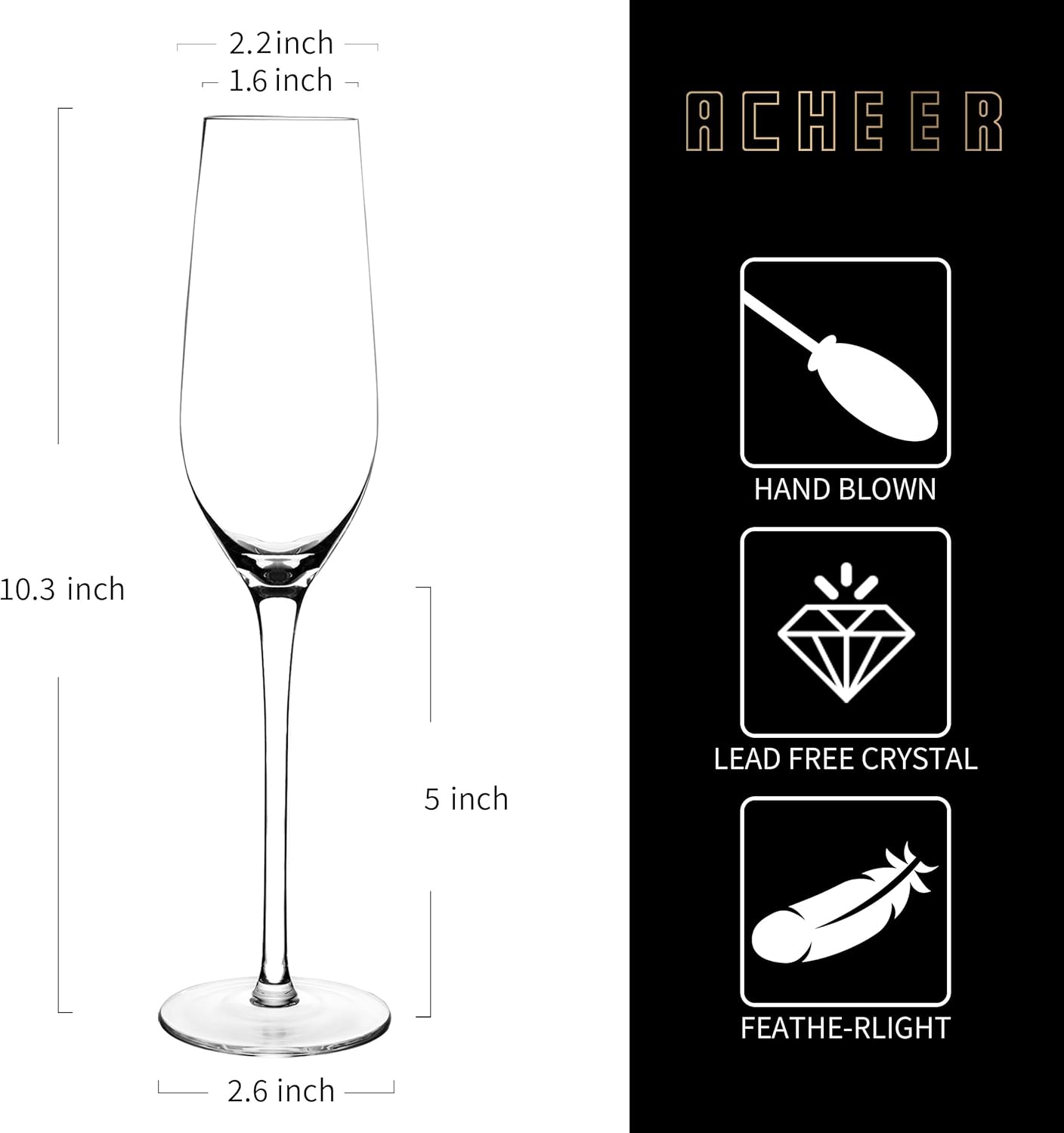 ACHEER Juego de copas de champán de cristal con clase de 4 a 7 onzas, copas de champán sopladas a mano, elegantes flautas, caja de regalo, para