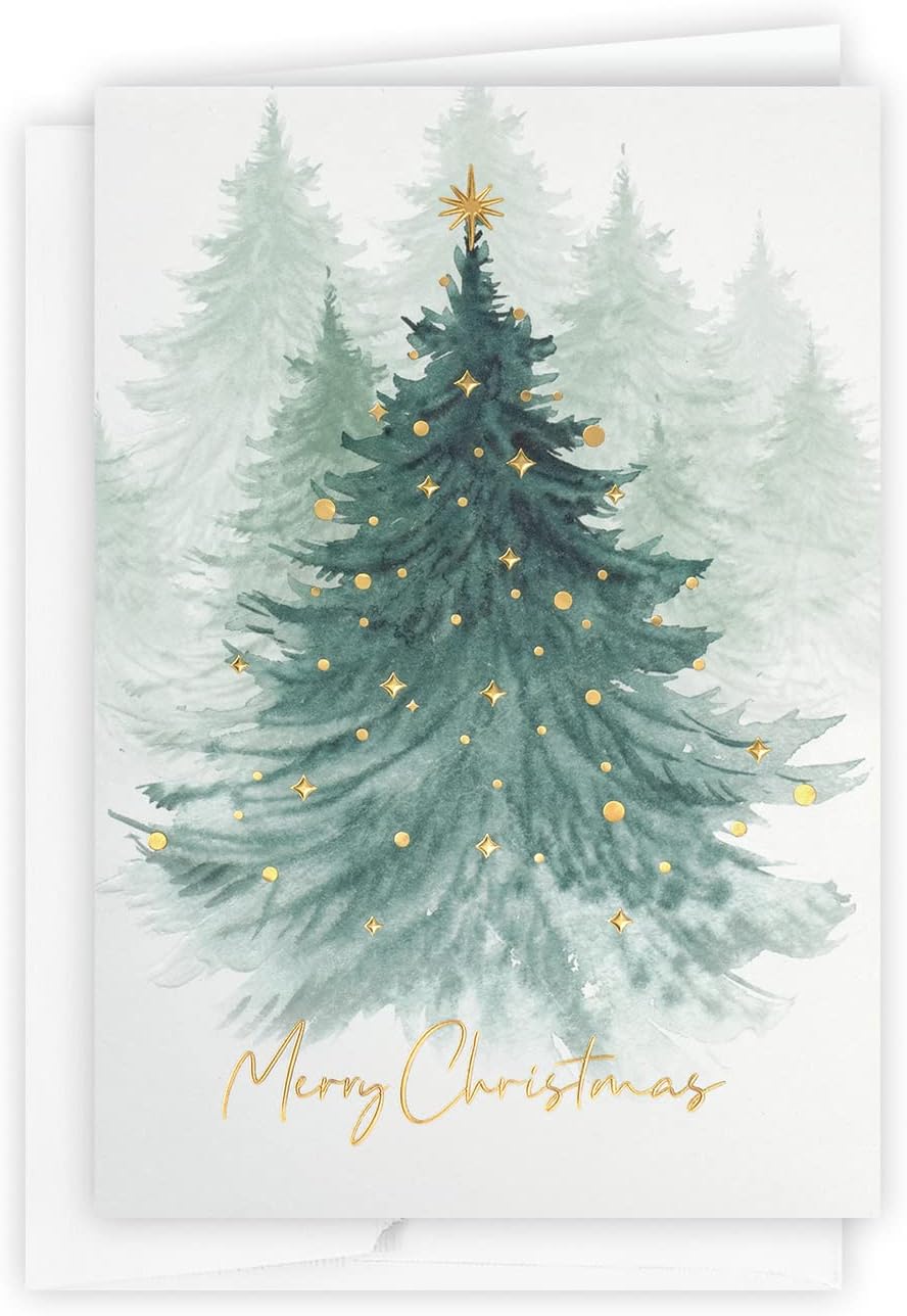 The Gallery Collection, Paquete de 25 tarjetas, tarjetas de Navidad con sobres forrados de papel de aluminio (bosque de Navidad de acuarela), para