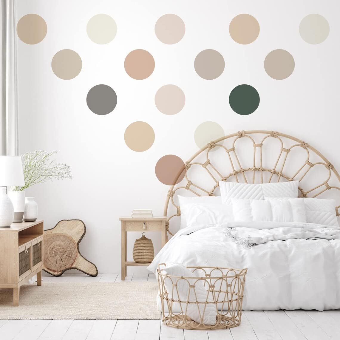 50 calcomanías neutras de puntos bohemios  Decoración de pared de círculos pastel para cuarto de bebé, habitación de niños  murales de vinilo de