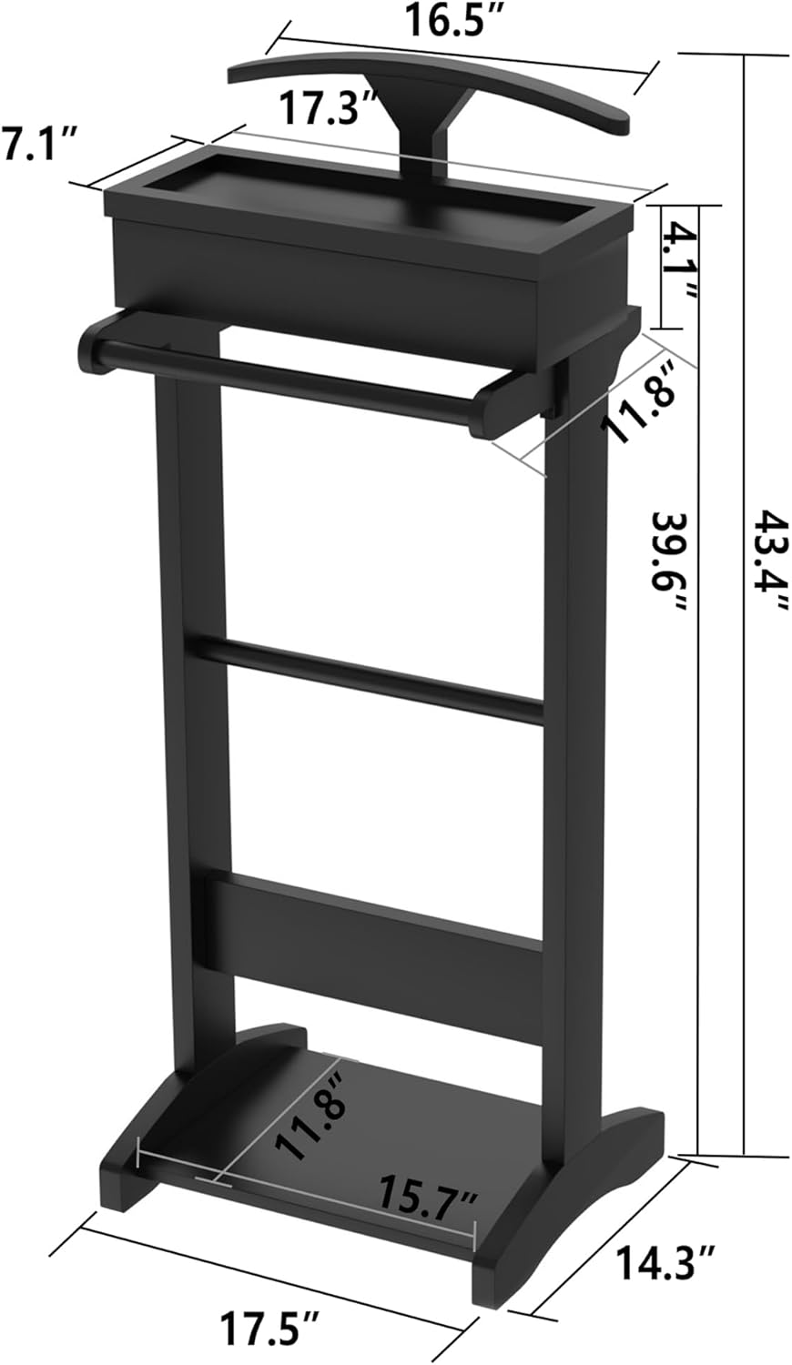Soporte de valet para hombre, soporte de valet de ropa negra con bandeja superior, cajón, colgador de corbata y cinturón y zapatero, uso en entrada,