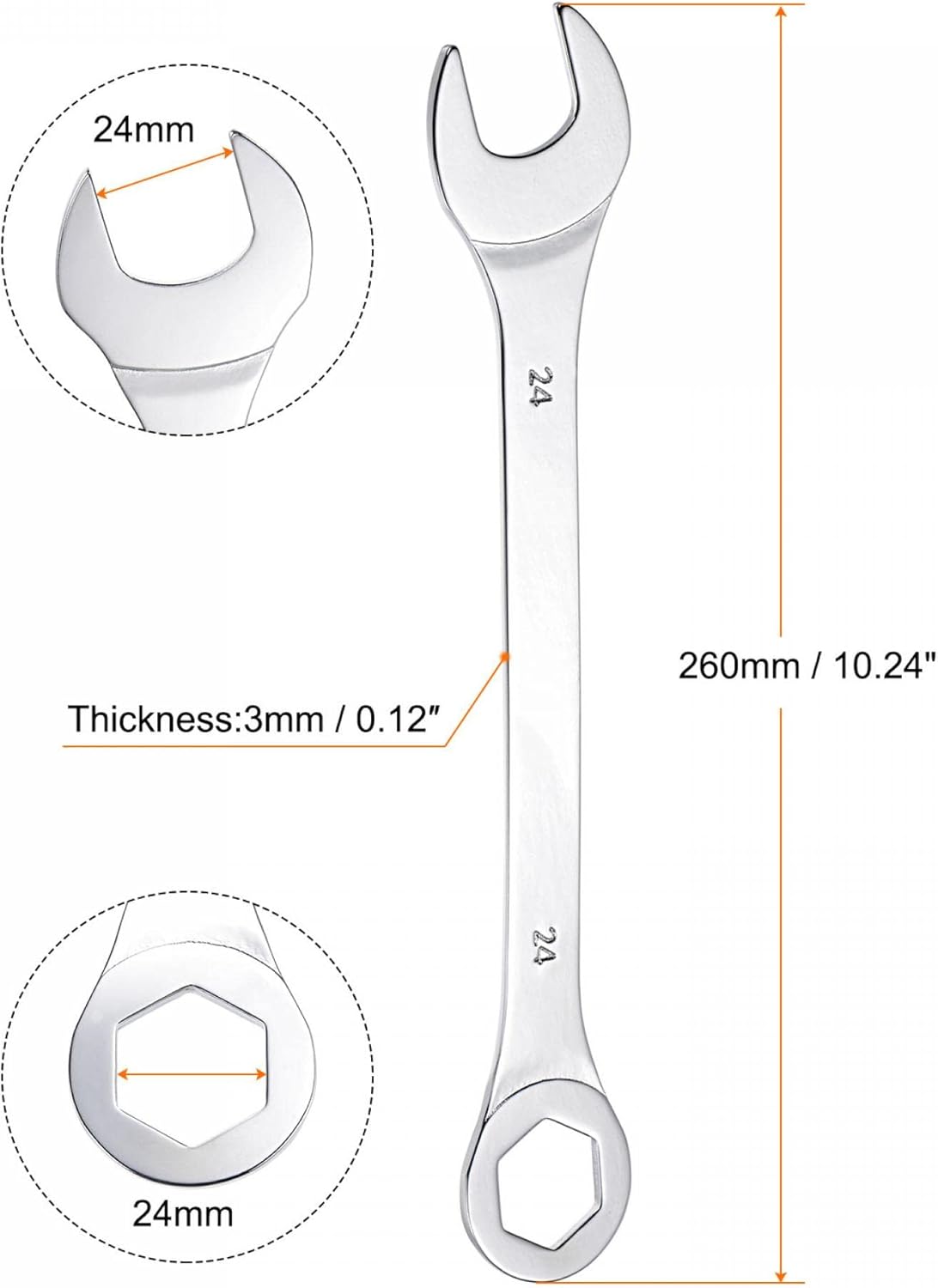 uxcell Llave combinada fina con extremo de 6 puntos desplazados y extremo abierto en ángulo, espejo métrico, acero de alto carbono chapado en cromo,
