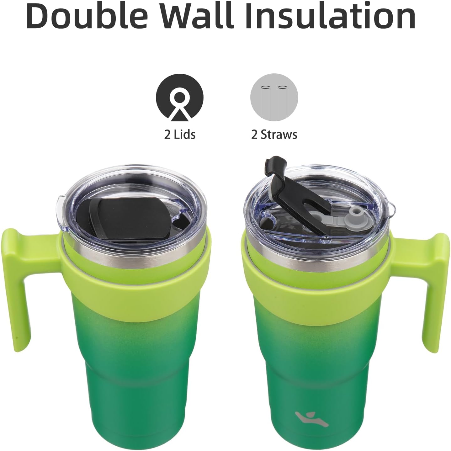 Vaso de 20 onzas con asa y 2 pajillas, 2 tapas, botella de agua aislada de acero inoxidable al vacío, taza de viaje reutilizable, color verde matcha