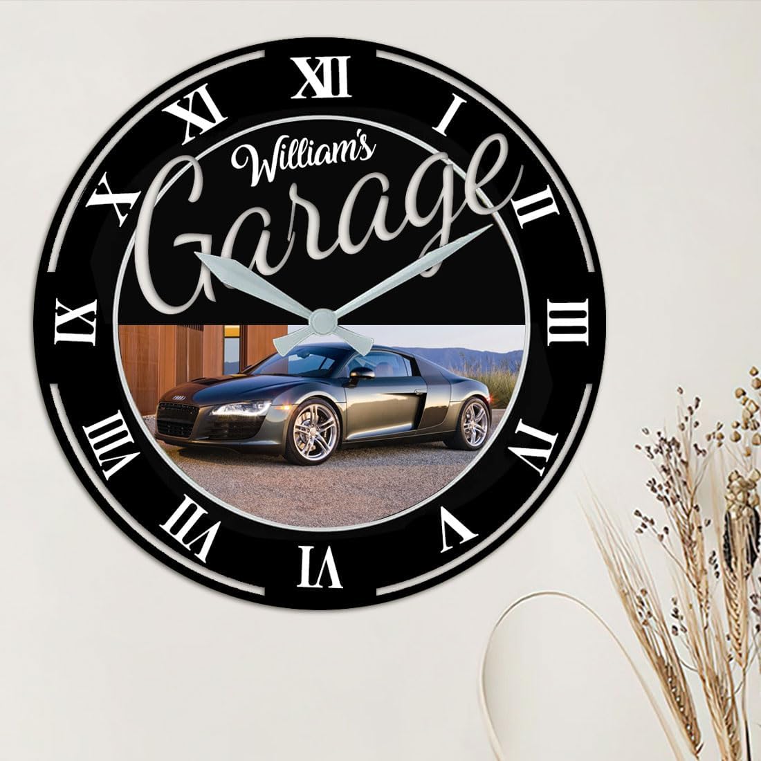 Attention Reloj de pared personalizado con foto para automóvil, luz de reloj de pared de garaje con nombre personalizado, reloj de pared de garaje