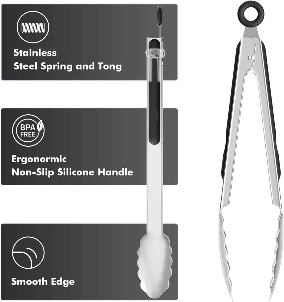 ChefAide Pinzas de cocina, juego de 2 pinzas de acero inoxidable, pinzas de cocina, pinzas para alimentos, utensilios de cocina, utensilios de