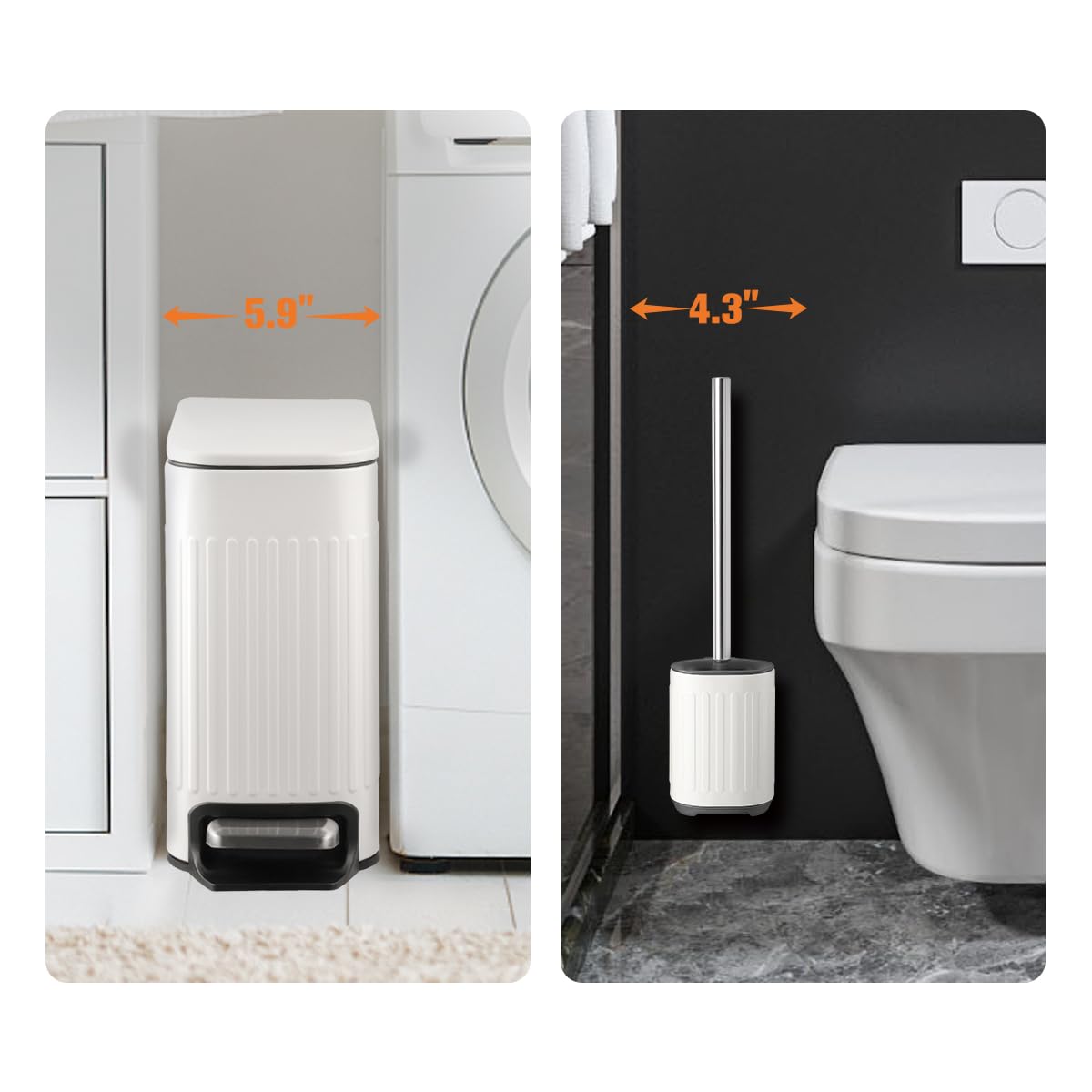 Basurero de baño con escobilla de inodoro, cubo de basura delgado de acero inoxidable de 1.6 galones, papelera pequeña para baño, oficina,