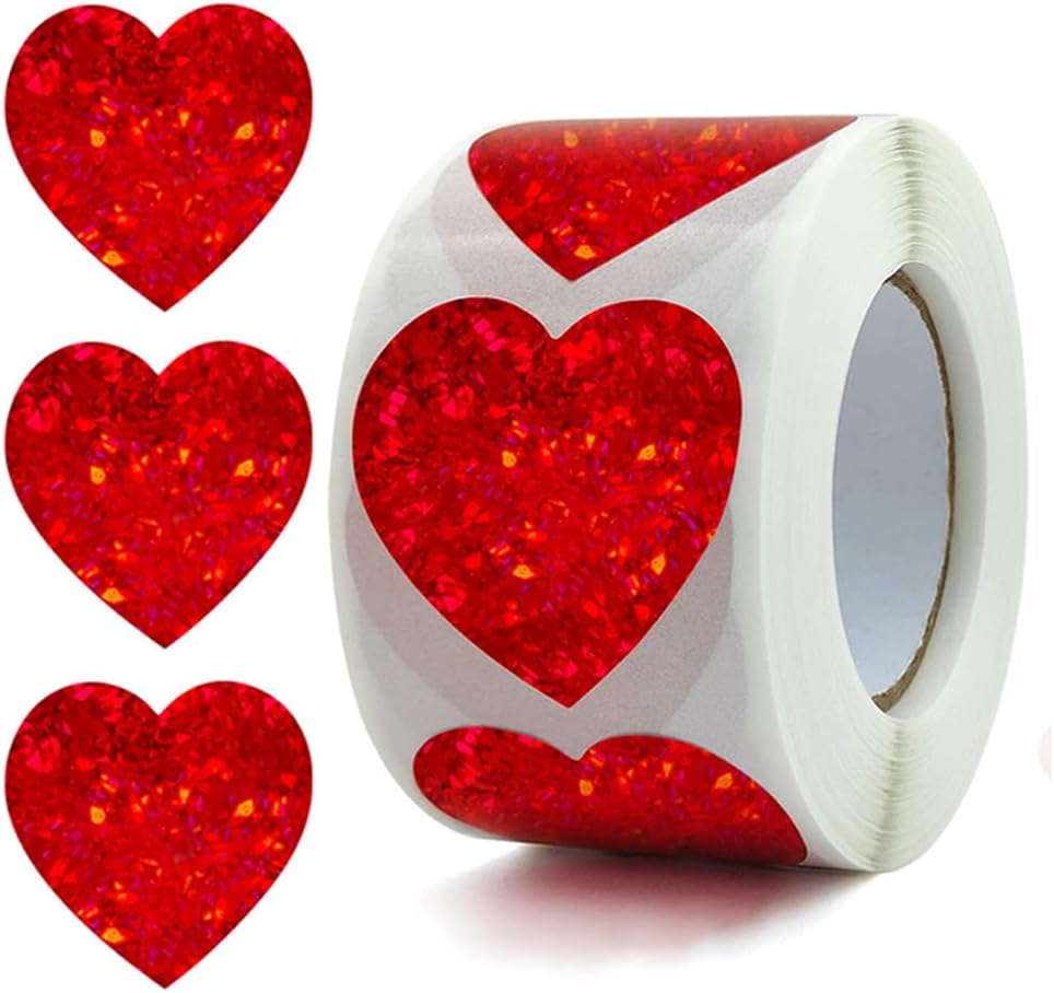 500 calcomanías de corazón con purpurina para niños, calcomanías de corazón rojo de San Valentín de 1.5 pulgadas, calcomanías de amor para álbumes