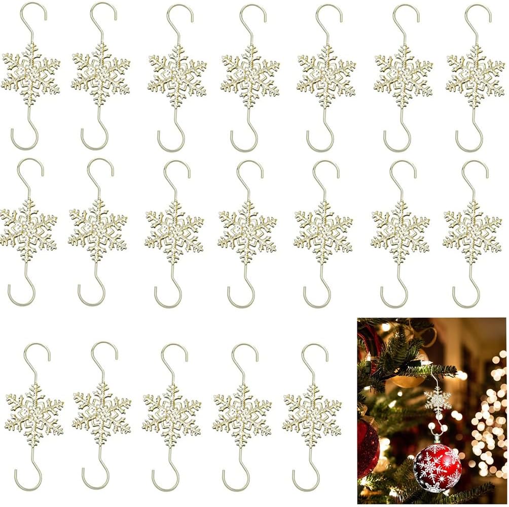 Ganchos de adorno para colgar decoraciones de Navidad, 20 ganchos dorados en forma de S de copo de nieve para colgar árbol de Navidad, ganchos de