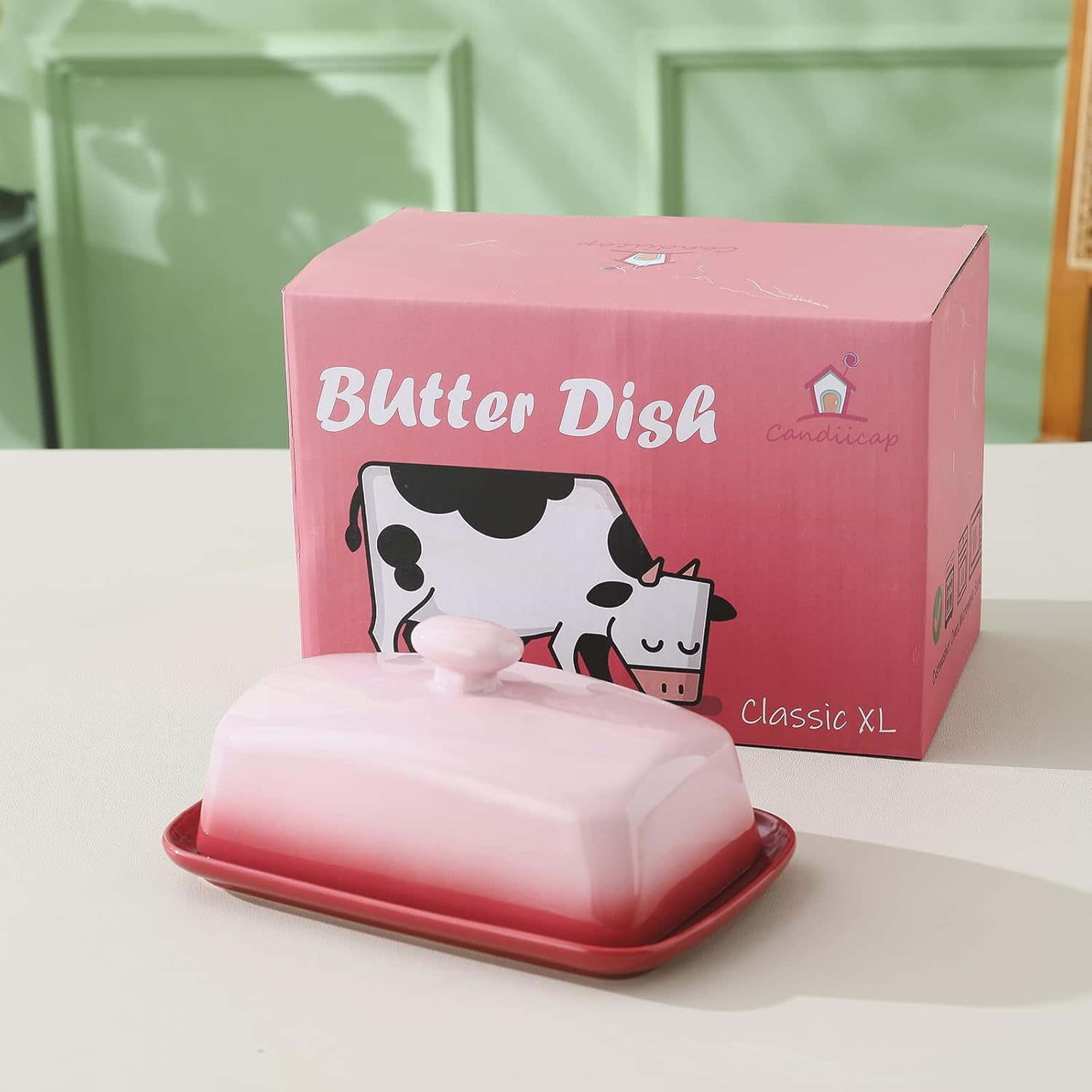 Candiicap – Mantequillera grande de porcelana con tapa, plato de mantequilla clásico que cambia de color para encimera, soporte grande para