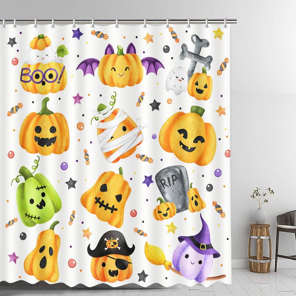 AIBIIN Cortina de ducha de calabaza de Halloween de 72 x 72 pulgadas para baño, naranja, morado, verde, calabaza, sombrero mágico, caramelos,
