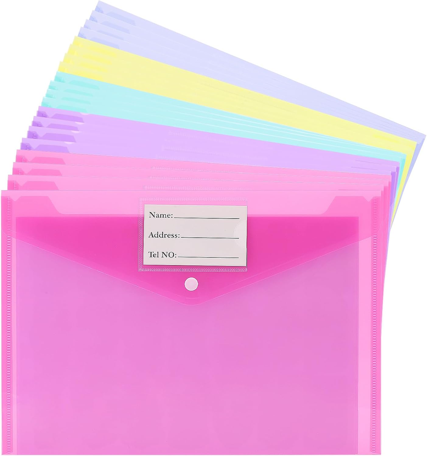 20 sobres de polietileno con botón y etiqueta para la escuela, hogar, oficina, 5 colores