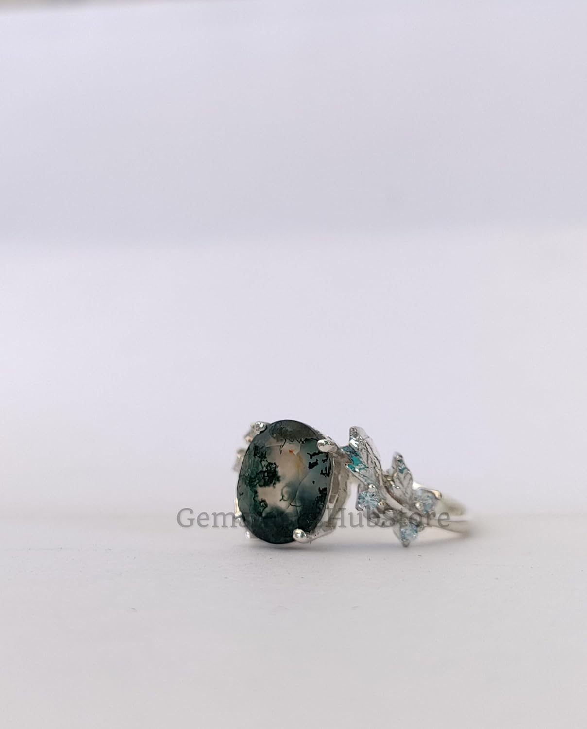 Natural Moss Agate Ring Oval Cut Leaf Ring Engagement Ring Moss Agate Jewelry 925 Sterling Silver Nature Inspired Ring (Black, 3)