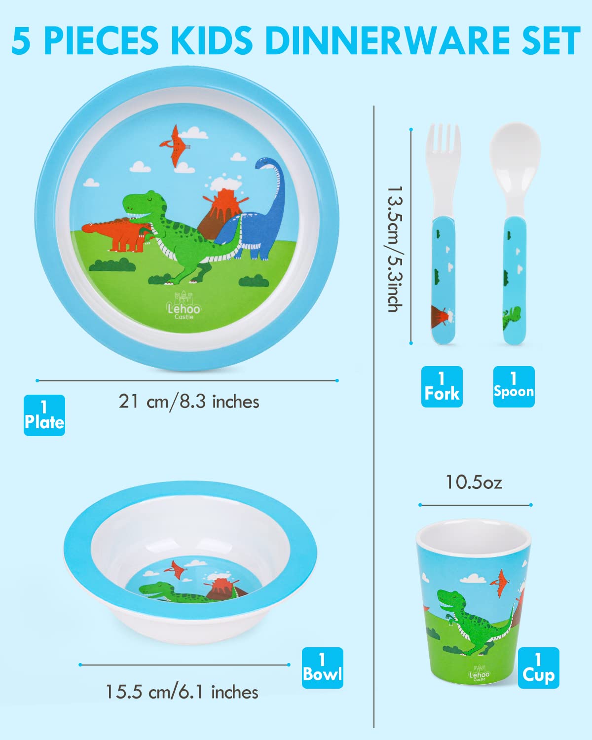 Lehoo Castle Juego de platos y cuencos para niños, juego de 5 piezas para alimentación de bebés, incluye plato, cuenco, taza, tenedor y cuchara,