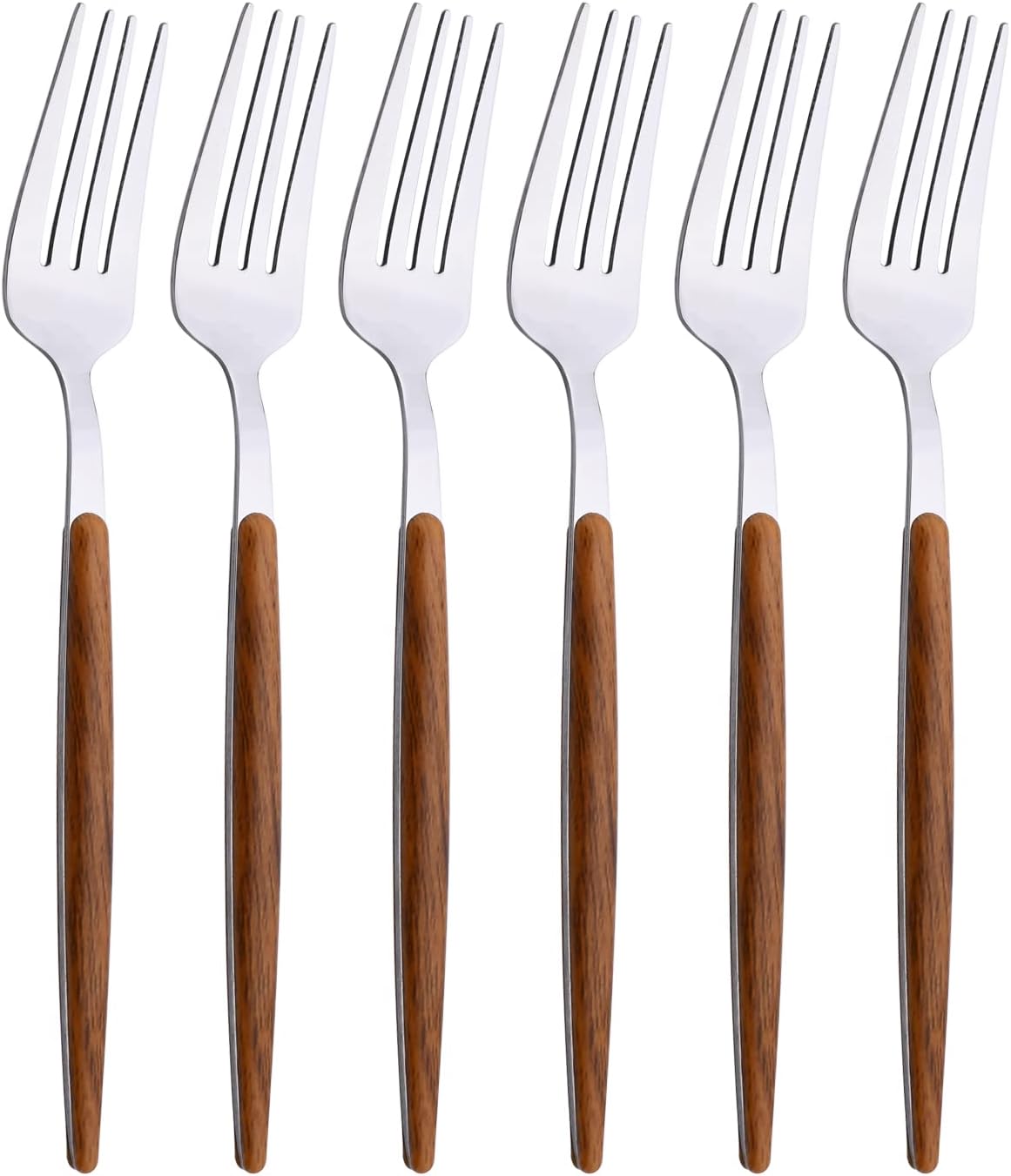 Juego de tenedores de cena de 6 piezas, tenedores de acero inoxidable con mango redondo de efecto de madera, tenedores para el hogar, cocina,