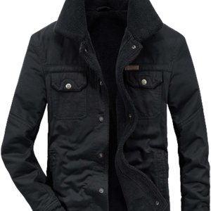 Chaqueta de algodón para hombre, con forro polar, cálida, color sólido, casual, con broches de presión, con múltiples bolsillos Chaqueta de algodón para hombre, con forro polar, cálida, color sólido, casual, con broches de presión, con múltiples bolsillos