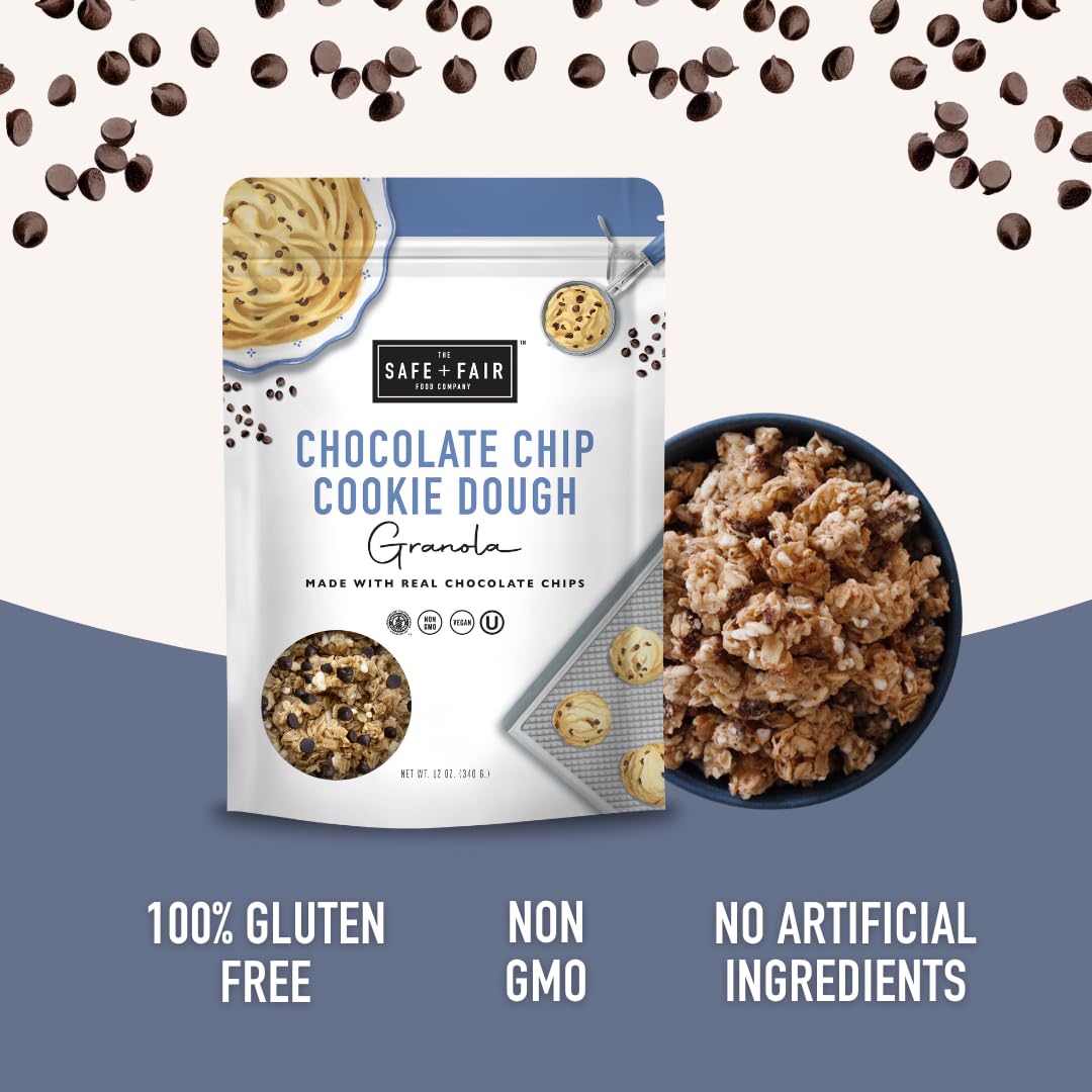 Safe + Fair – Granola de masa de galletas con chispas de chocolate, sin gluten, sin lácteos y vegana, aperitivos o postres, libre de los 9 alérgenos