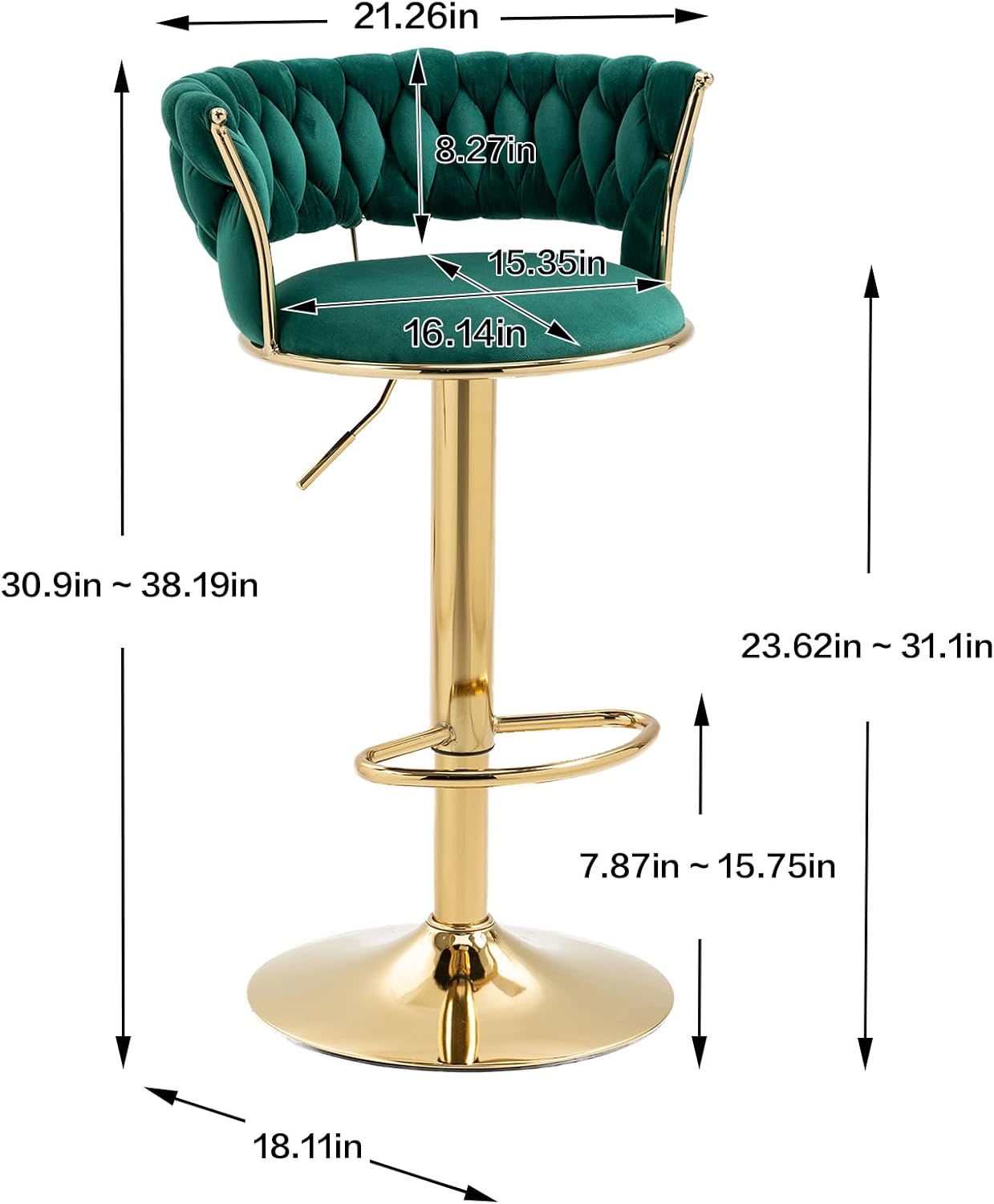 Kakotito Taburetes de bar giratorios de terciopelo de 360 con respaldo bajo y reposapiés, taburetes de bar ajustables, taburete de bar dorado (juego