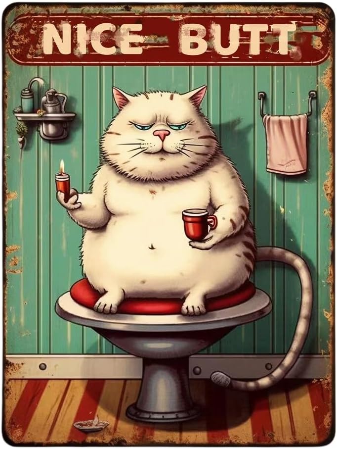 Cartel de metal vintage con texto en inglés “Nice Butt”, diseño de gato gordo blanco para decoración de baño, 12 x 8 pulgadas