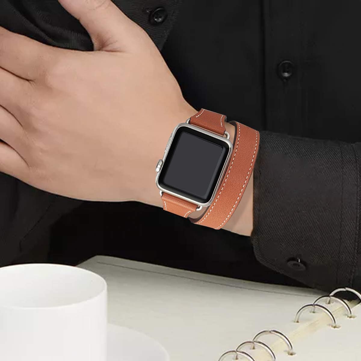 Bestig – Correa de repuesto para Apple Watch de 1.496pulgadas, 1.575pulgadas, 1.654pulgadas, 1.732pulgadas, de piel auténtica, diseño de doble tour,
