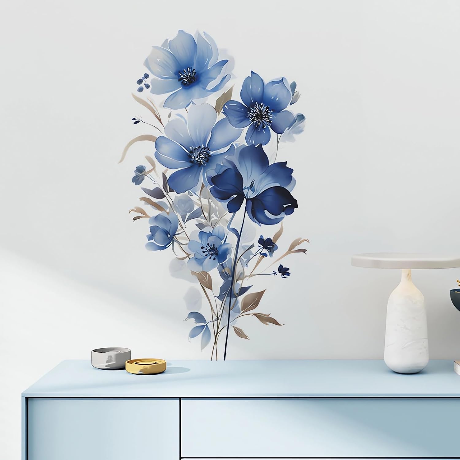 Calcomanías de pared con diseño de margaritas y peonías de sirena azul, calcomanías de pared de arte floral de rosas de acuarela de sacinora