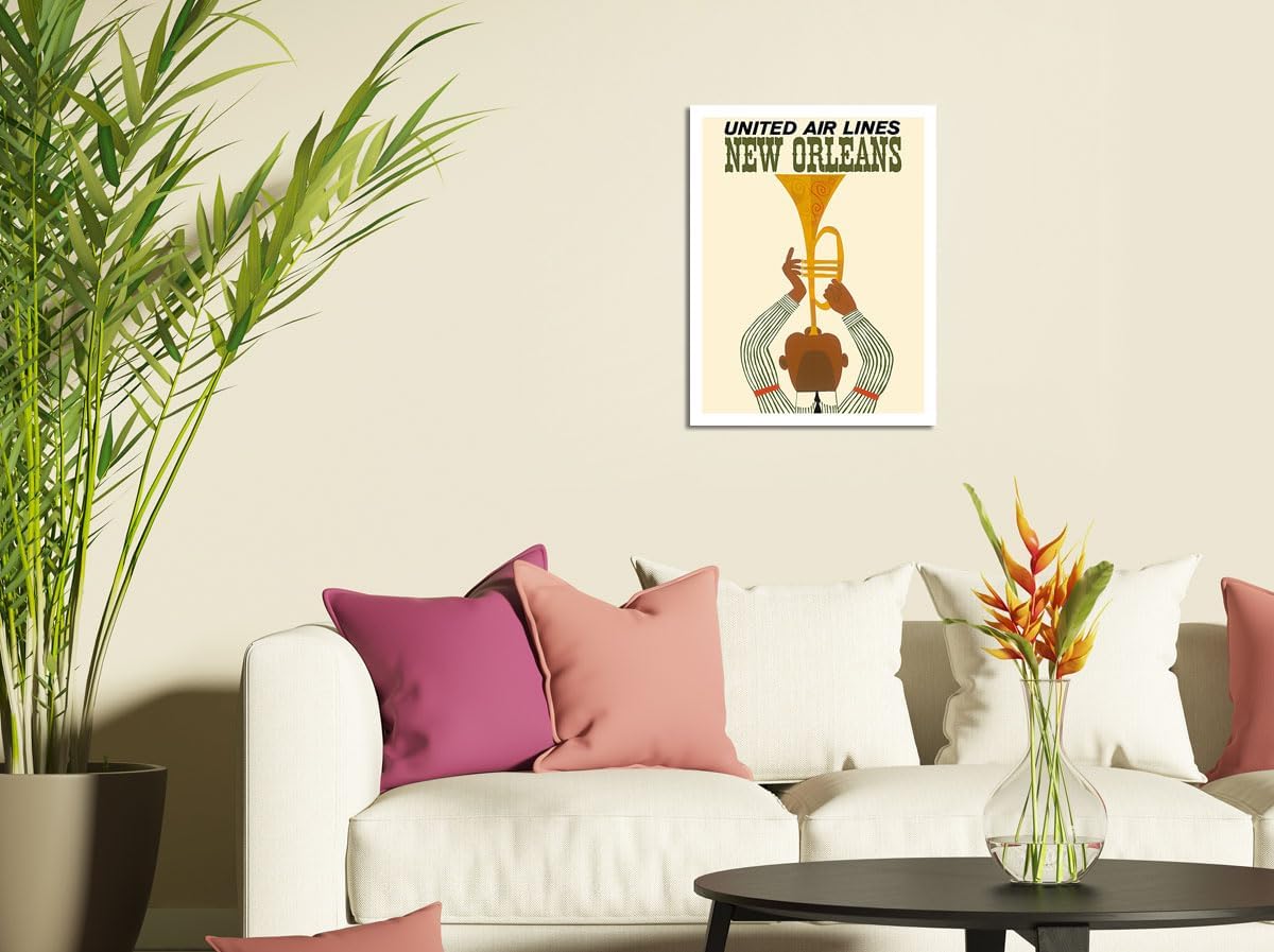New Orleans – Trompetista de jazz – United Air Lines – Póster vintage de viaje de aerolínea c.1960s – Impresión artística maestra de 9 x 12 pulgadas