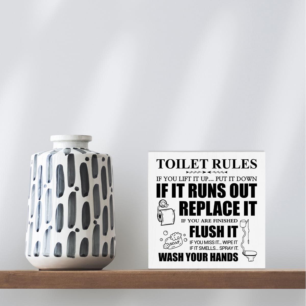 Toilet Rules – Placa de madera con texto en inglés “Toilet Rules”, letrero de caja de madera con cita de baño, letrero de estante de escritorio para
