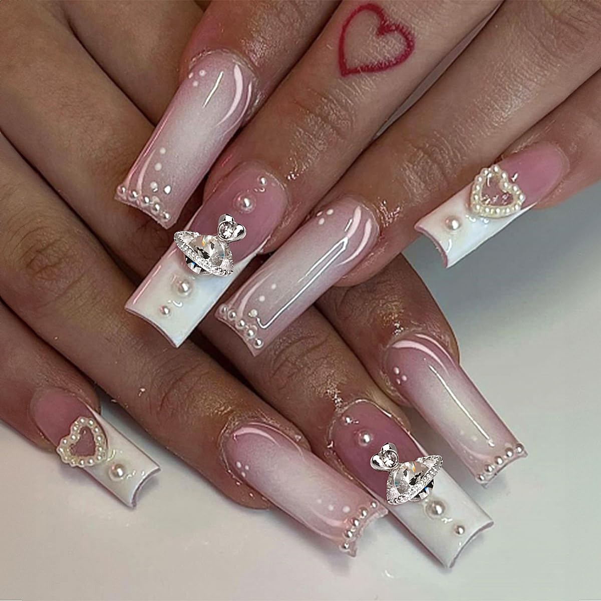 Uñas postizas a presión de punta francesa, uñas postizas largas y cuadradas, color rosa, con pegamento, diseños de perlas de amor, uñas acrílicas