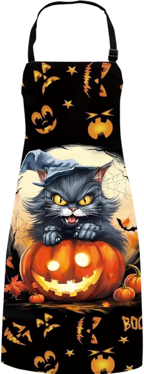 Delantal ajustable con patrón de girasoles de amor, resistente al agua, con 1 bolsillos, Gatos negros y calabazas de Halloween 1