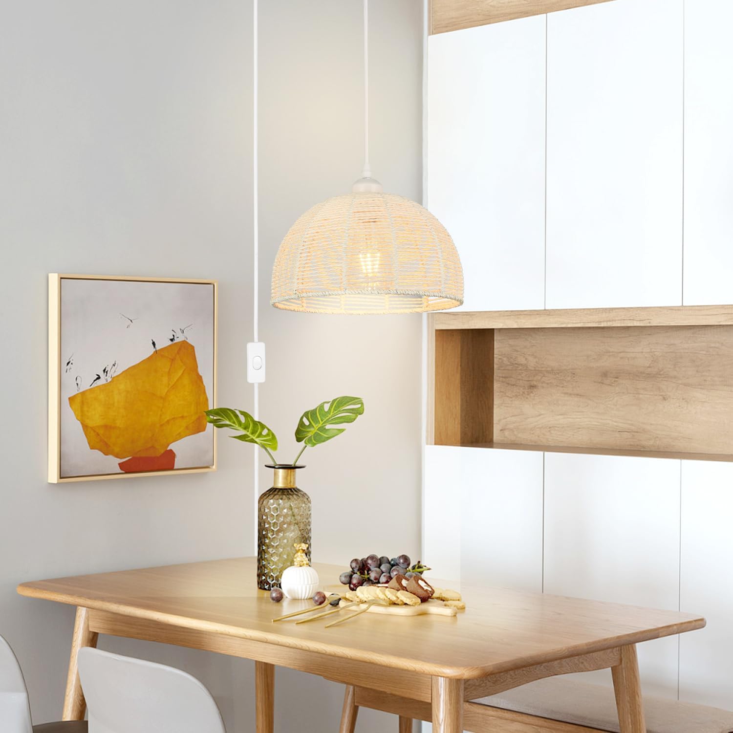 Worderdeng – Lámpara colgante de ratán enchufable, luces colgantes de 14.7 pies con estilo bohemio, lámpara colgante con pantalla de ratán de papel