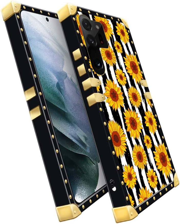 Funda compatible con Samsung Galaxy S23 Ultra, funda cuadrada de girasoles a rayas blancas y negras para niña, de metal de lujo, decorativa, suave