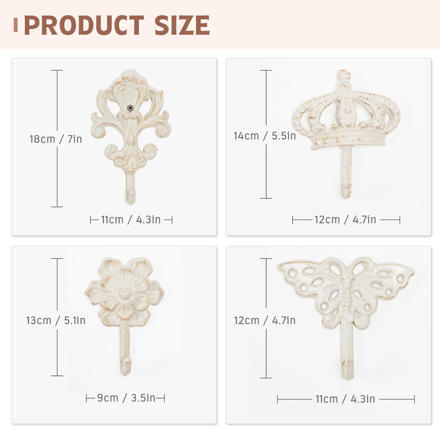 4 ganchos decorativos de pared vintage, gancho rústico de hierro fundido montado en la pared, ganchos decorativos resistentes para jardín al aire
