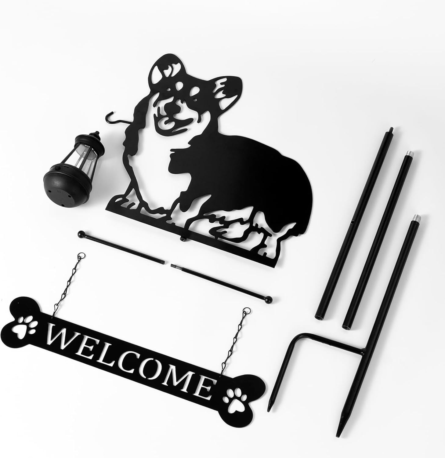 Letrero de bienvenida de perro con silueta solar de 51 pulgadas con linterna, decoración de Corgi para exteriores, para jardín, patio, césped,