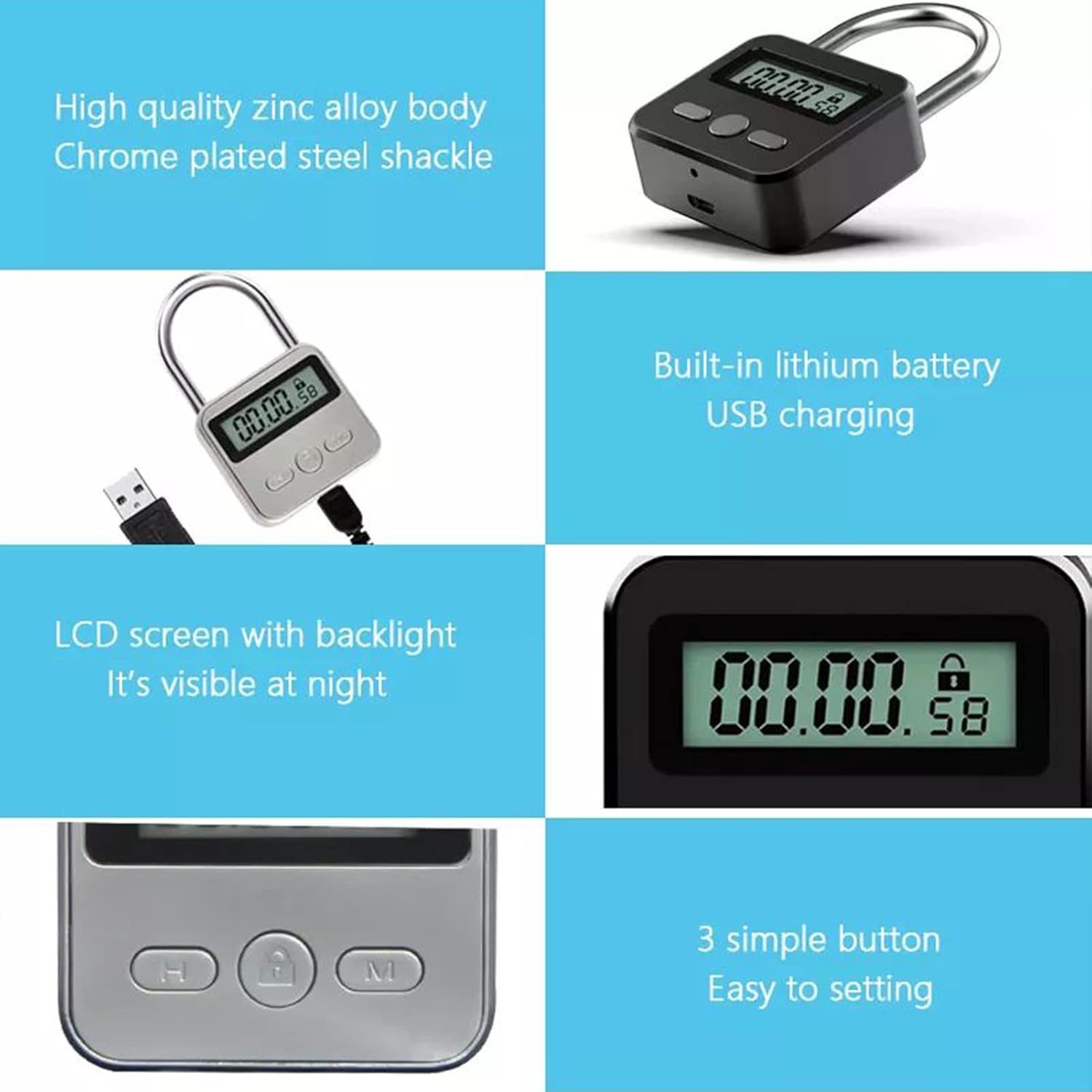 Cerradura de combinación, bloqueo de temporizador de metal, temporizador de tiempo recargable por USB con cuerda de resorte de 3.3 ft, 99 horas de