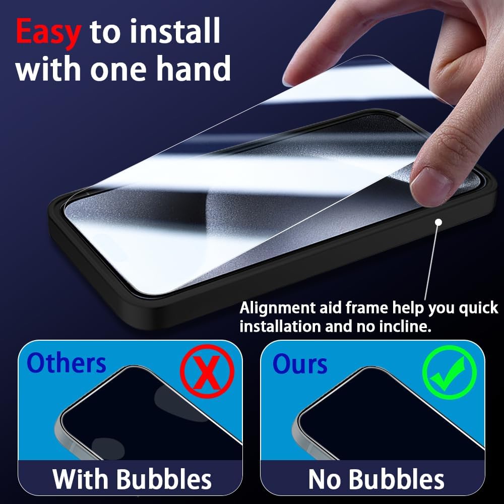 3+3+1 Pack para iPhone 15 Pro 6.1 pulgadas Protector de pantalla de vidrio templado, 3 protectores de pantalla, 3 protectores de lente de cámara, 1
