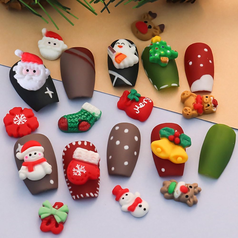 20 dijes de uñas de Navidad con dibujos animados 3D, árbol de Navidad, Papá Noel, muñeco de nieve, campanas, alce, copos de nieve, adornos de uñas