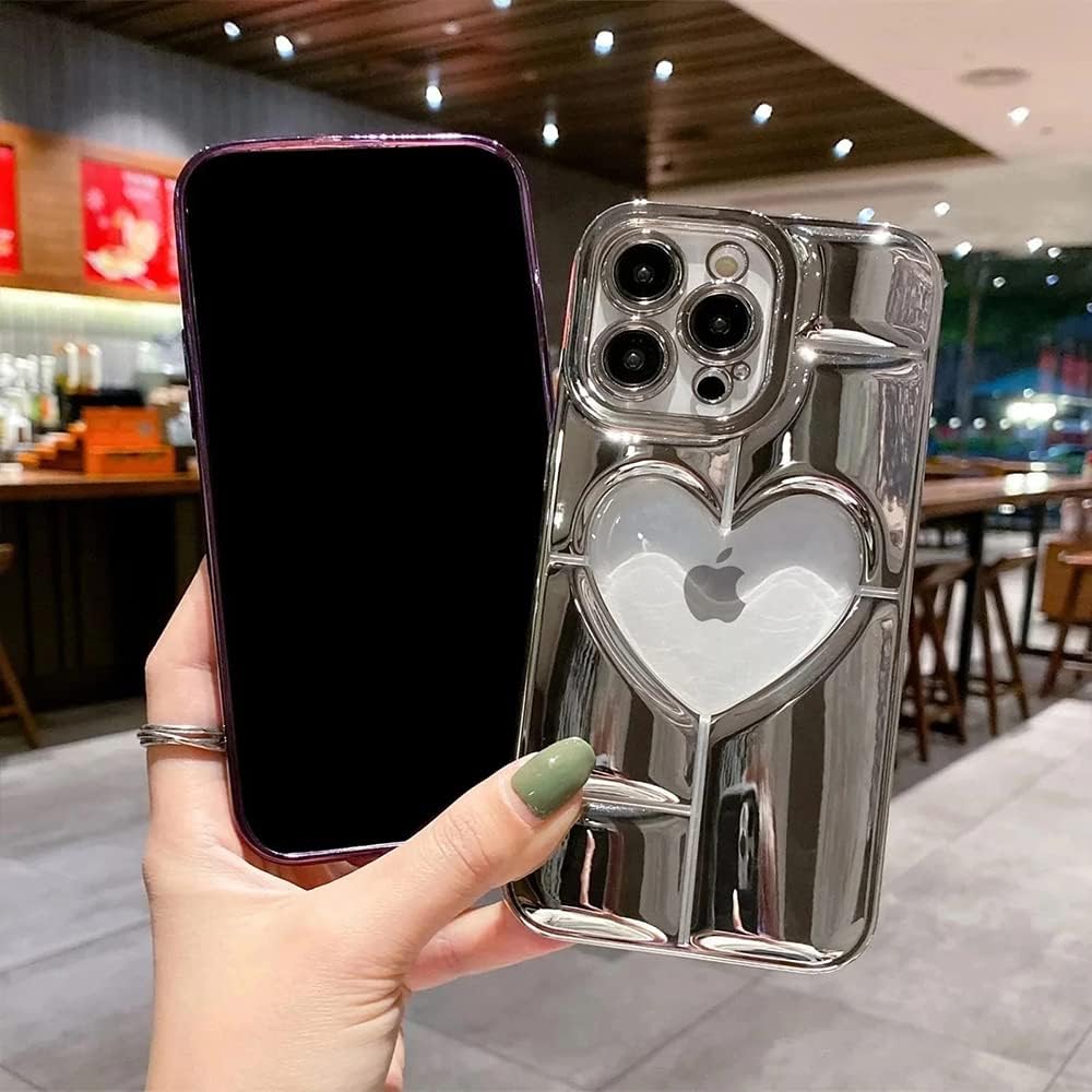 Casechics Funda compatible con iPhone, funda de lujo galvanizada con corazón hueco, protección para lente de cámara, suave a prueba de golpes