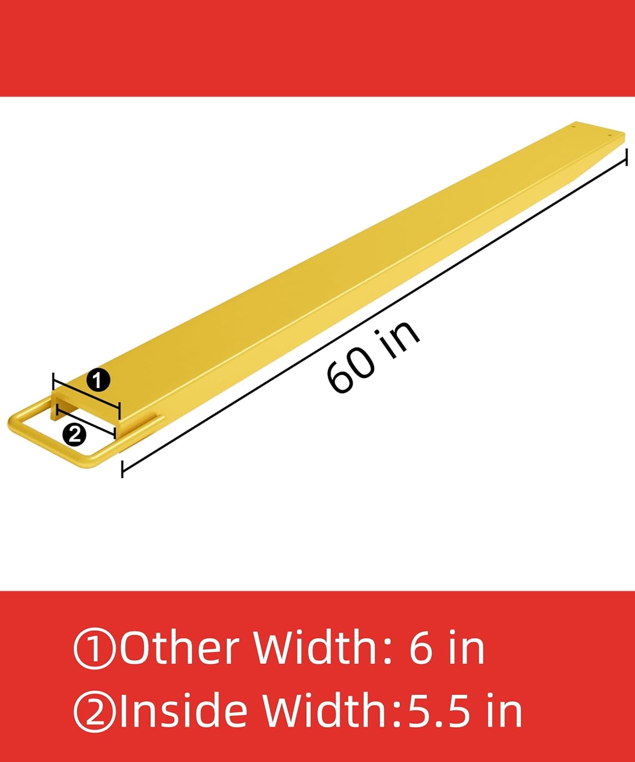 Extensión de horquilla de palet de 60 pulgadas de longitud de 5.5 pulgadas de ancho, acero resistente, 1 par, amarillo