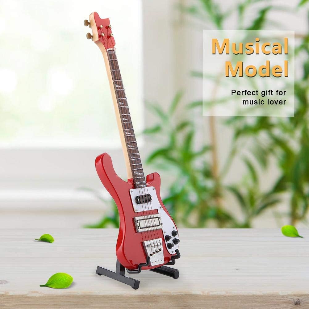 Hztyyier Guitarra miniatura de madera Mini Bass Réplica Mini modelo de instrumento musical con soporte para decoración del hogar