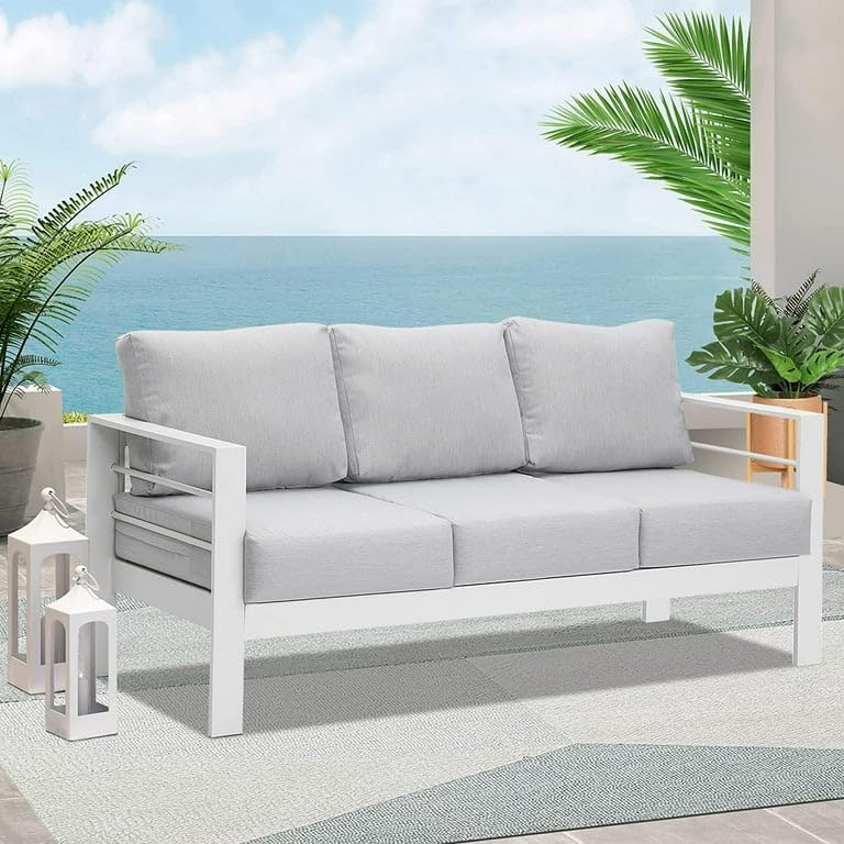 Kiss The Water Muebles de patio sofá de aluminio para todo tipo de clima, sofá de 3 asientos, silla de metal blanco con cojines gris claro