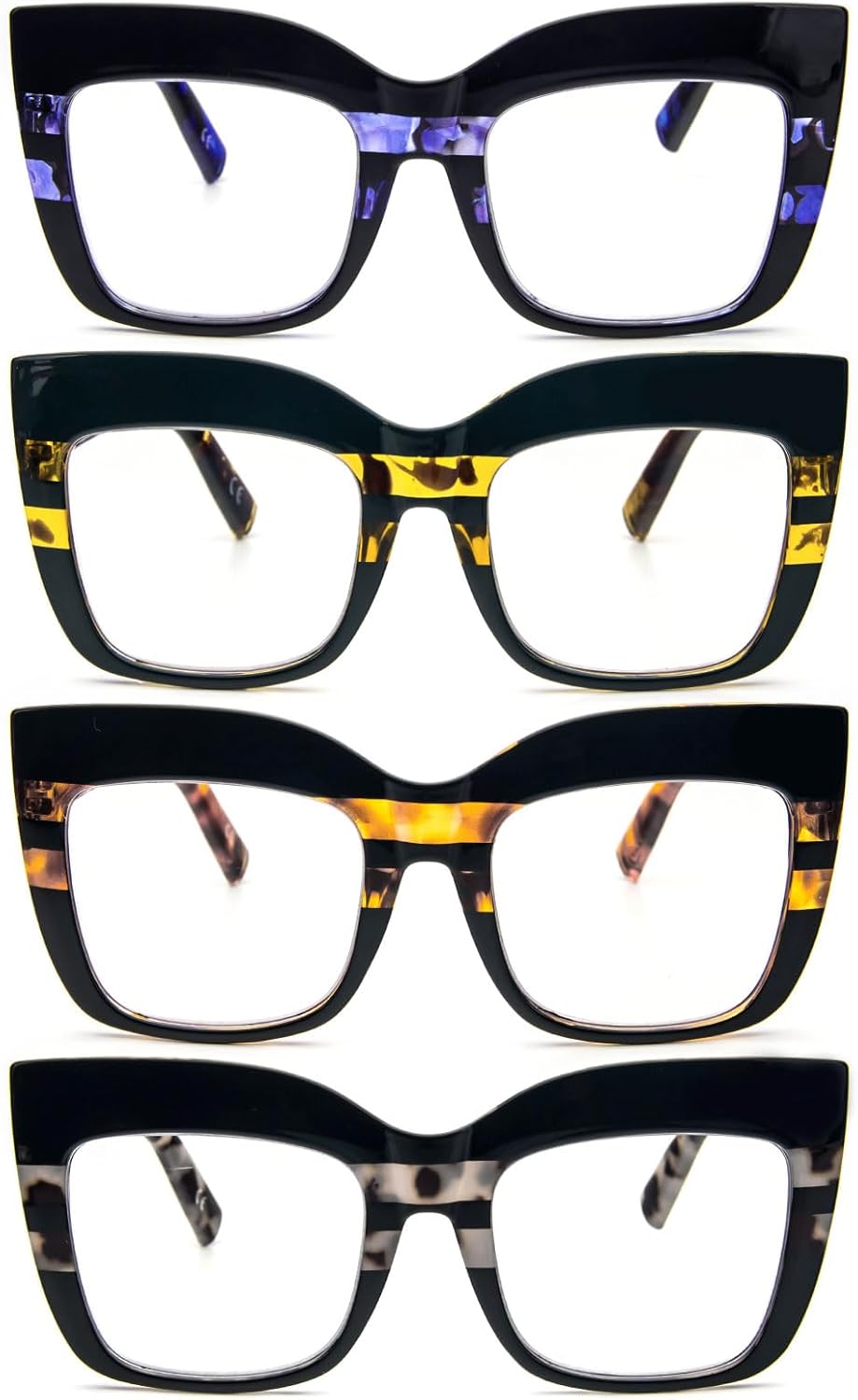 KoKoBin Paquete de 4 elegantes lentes de lectura de ojo de gato con marco grande para mujer, lectores retro de gran tamaño, bloqueo de luz azul