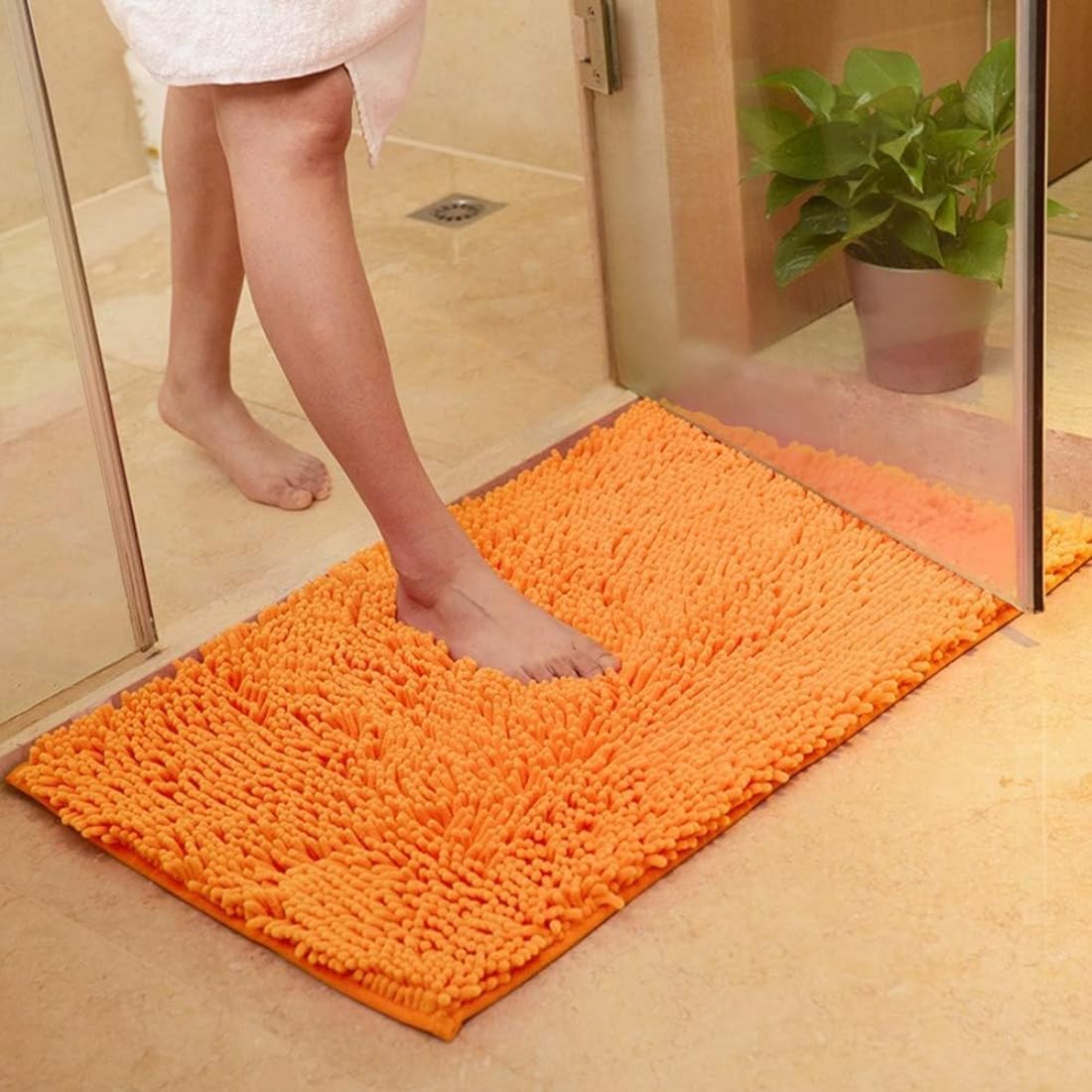 JAIJY Alfombra de baño de felpilla de felpa color naranja, antideslizante, gruesa, lavable, de secado rápido, tapete de ducha lanudo y suave,