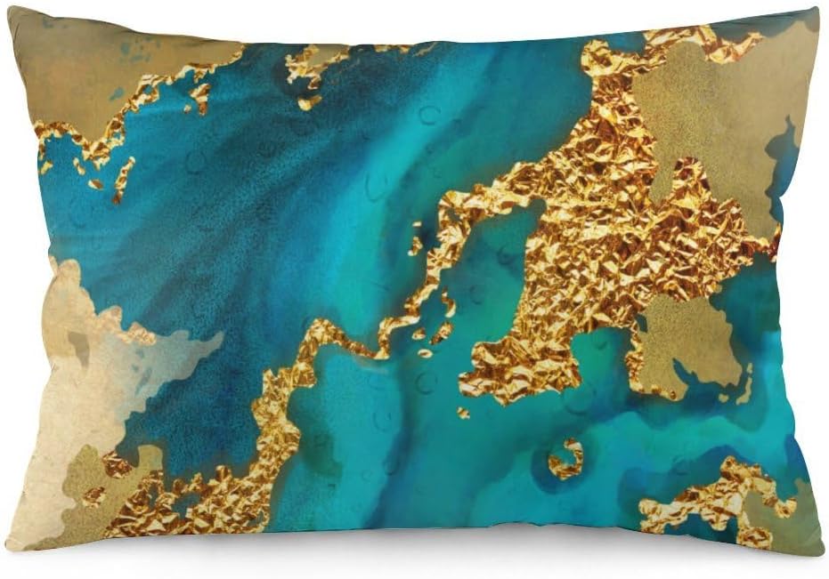 HOSTECCO Juego de 4 fundas de almohada lumbar de 12 x 20 pulgadas, color verde azulado y dorado, fundas modernas abstractas de arte contemporáneo