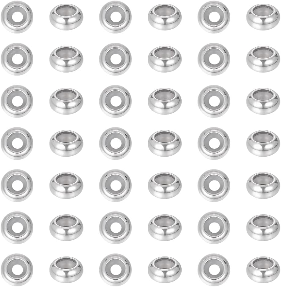 UNICRAFTALE 50pcs 0.394 in Diámetro 201 Acero Inoxidable Caucho Tope de Caucho Plano Redondo Posicionamiento Espaciador Perlas de Metal Slider