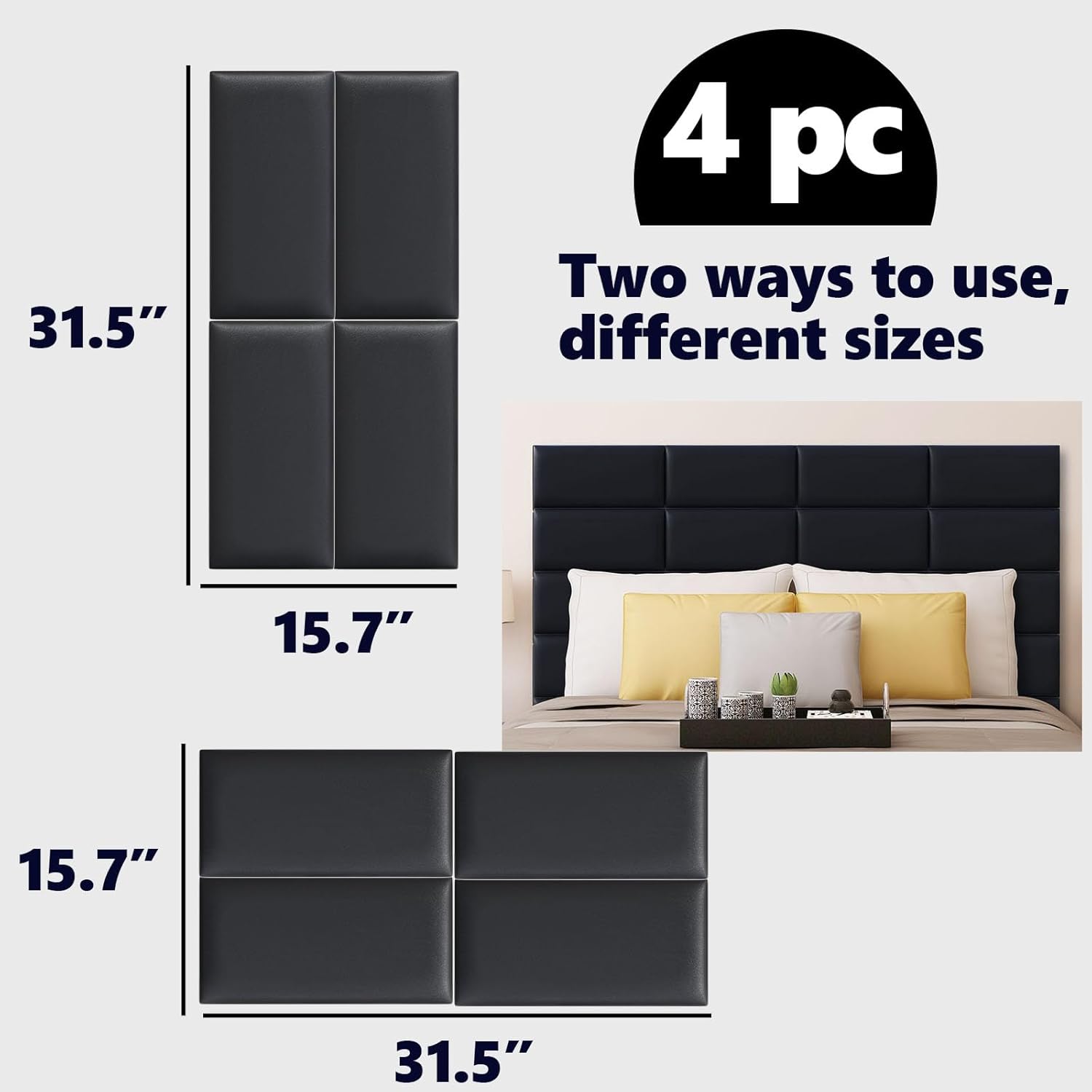 Paneles de pared tapizados para cabecero de color negro, paquete de 4 paneles de 7.8 x 15.7 pulgadas, panel de pared 3D anticolisión, panel de pared