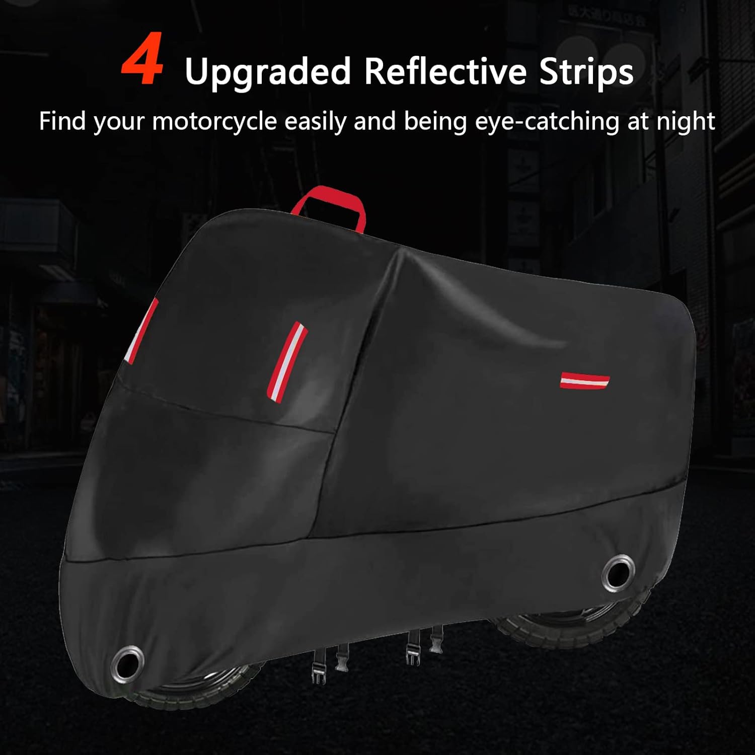 Funda para motocicleta resistente 300D, resistente al agua, para todas las estaciones, con 2 agujeros de bloqueo y 4 tiras reflectantes, se adapta a